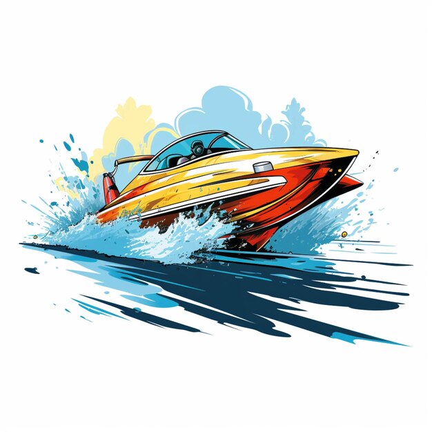 There is a yellow and red speed boat with a splash of water generative ai