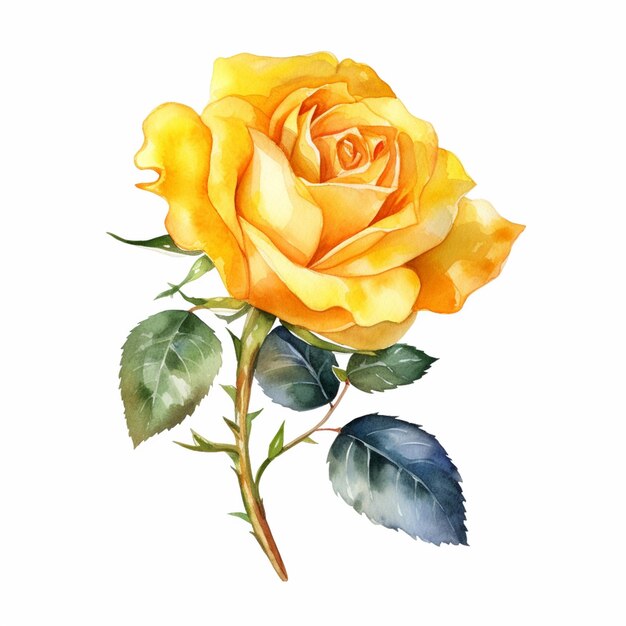 there is a yellow rose with green leaves on a stem generative ai