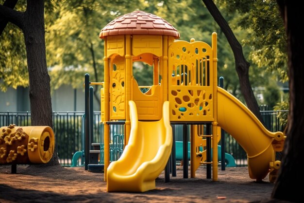 there is a yellow slide and a yellow slide in a park generative ai