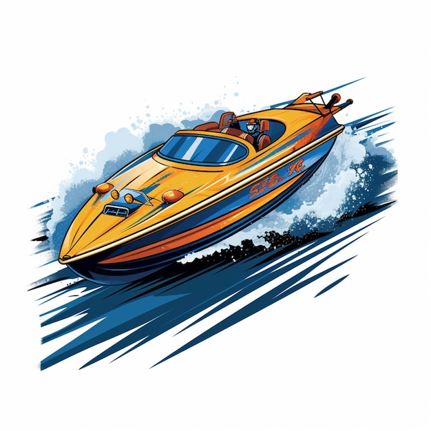 There is a yellow speed boat speeding on the water generative ai