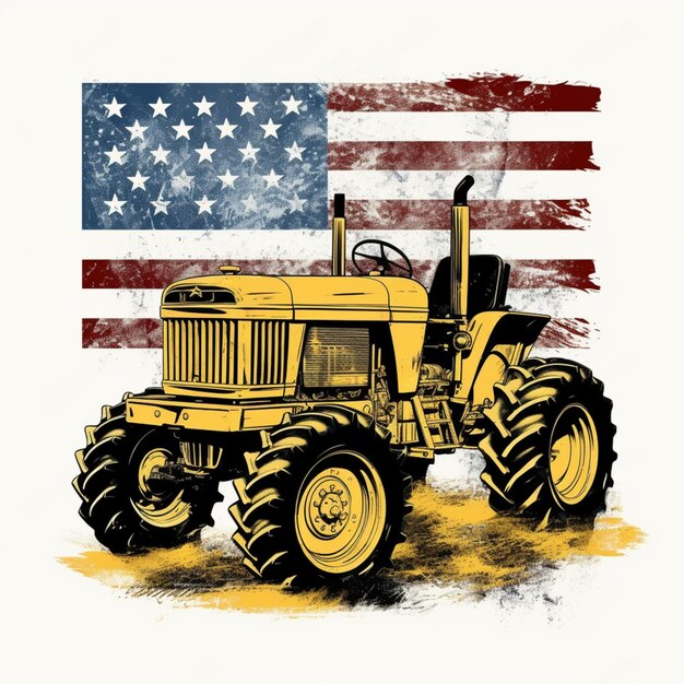 Photo there is a yellow tractor with a flag on the back generative ai