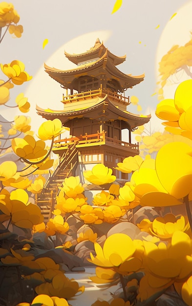 there is a yellow tree in front of a pagoda in the middle of a field generative ai