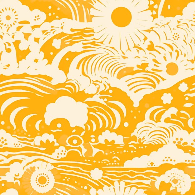 There is a yellow and white pattern with a sun and clouds generative ai