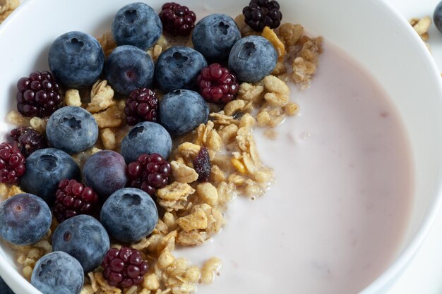 There is yogurt in a white plate. Sprinkled with granola and blueberries. Macro.