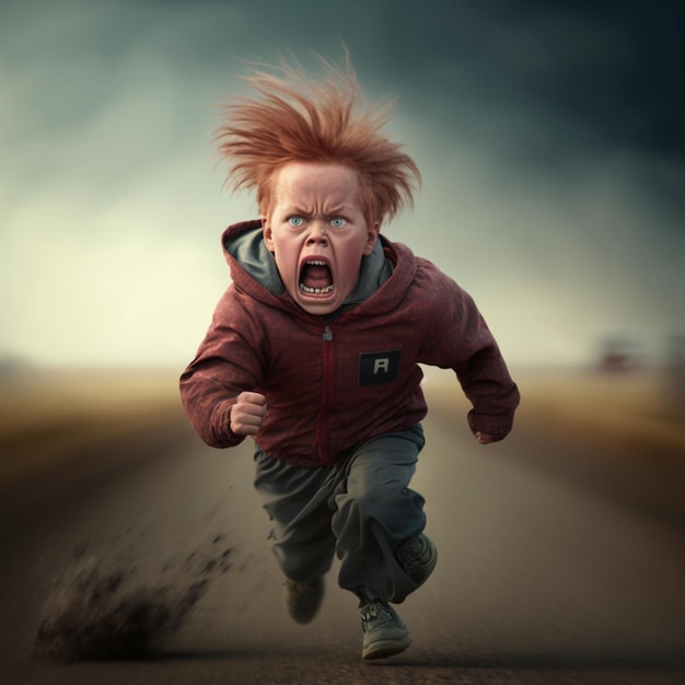 there is a young boy running on a road with a very angry look on his face generative ai