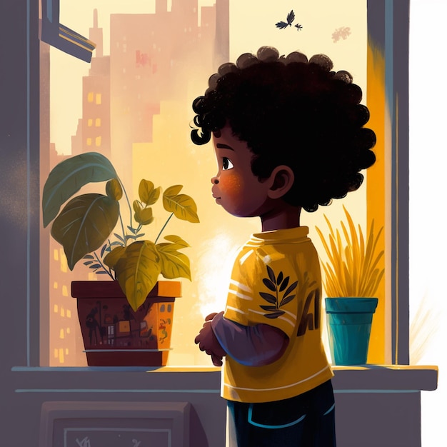 there is a young boy standing in front of a window looking out generative ai