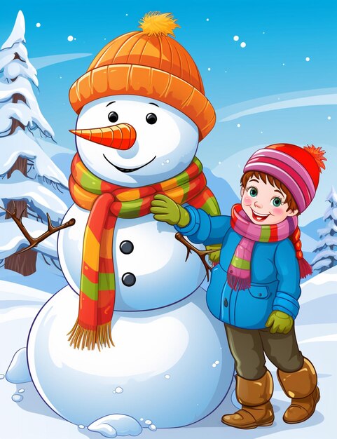 there is a young boy standing next to a snowman generative ai