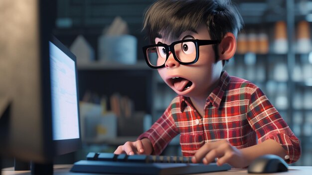 Есть мальчик в очках, который печатает на компьютере, генерирующем искусственный интеллект.