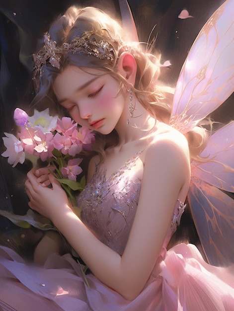 There is a young girl dressed in a fairy costume holding a flower generative ai