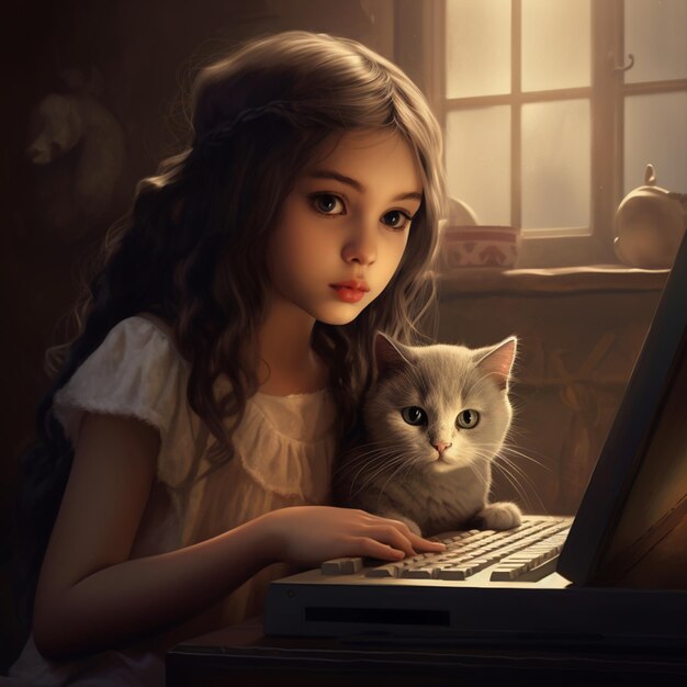 there is a young girl sitting at a laptop with a cat generative ai