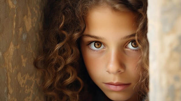 Photo there is a young girl with curly hair looking out from behind a curtain generative ai