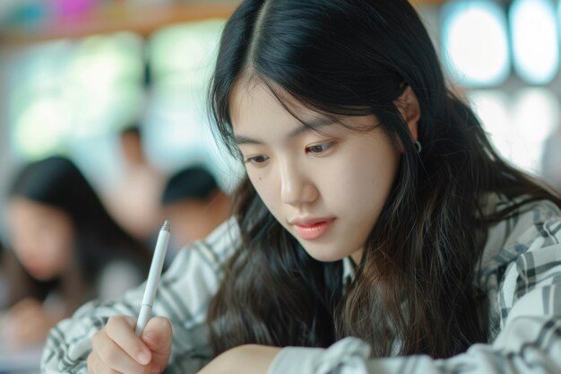 Photo there is a young girl writing in a classroom with other students