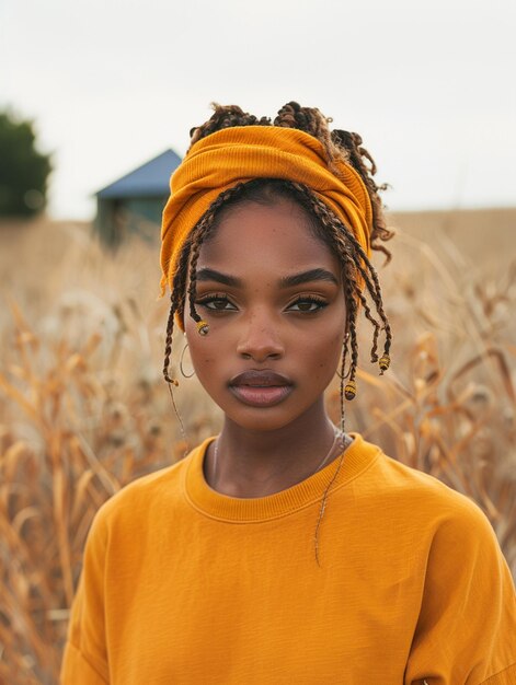 Photo there is a young woman with a yellow headband standing in a corn field generative ai
