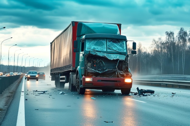 There was an accident involving semi truck on highway truck was damaged ai generative