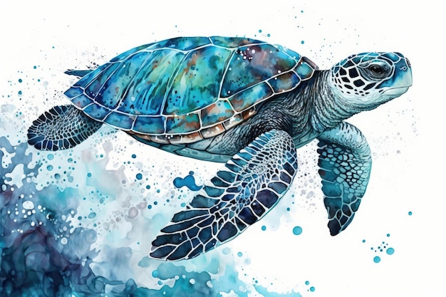 There was a blue sea turtle there Painting in watercolor