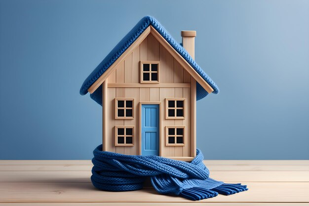 thermal insulation and heating concept wooden house with knitted blue scarf and roof on a minimalistic blue background