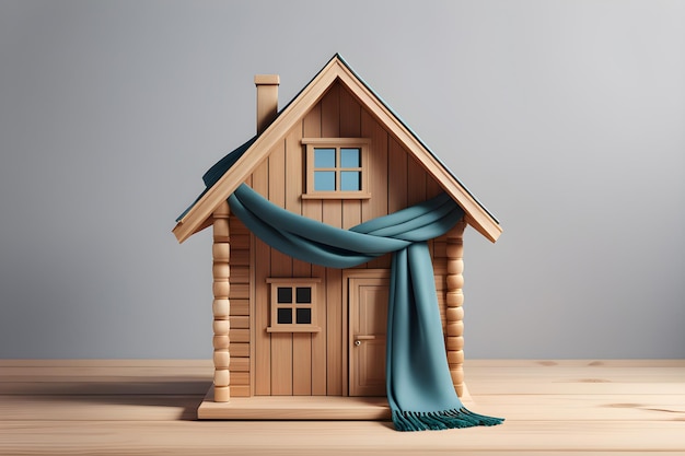 thermal insulation and heating concept wooden house with knitted scarf