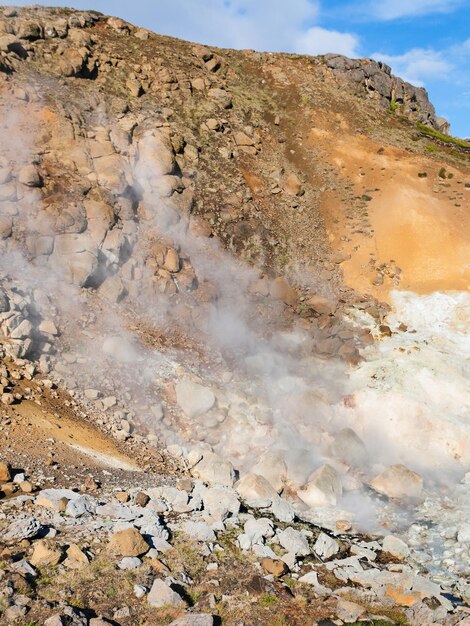 Thermal spring at hill slope in Krysuvik Iceland