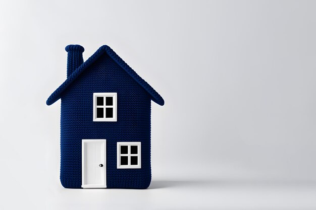 thermische isolatie en verwarming concept donkerblauw gebreide huis op een minimalistische lichte achtergrond