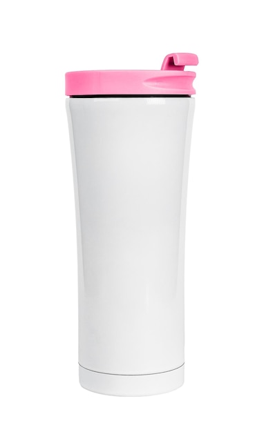 Thermo cup travel tumbler isolated on white background Thermal coffee hot drink mug metal flask with pink closed cap lid Vaccuum thermos