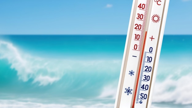 The thermometer against the background of the sea shows 20 degrees