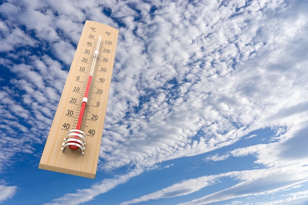 Фото Термометр против неба как понятие температуры окружающей среды. 3d рендеринг