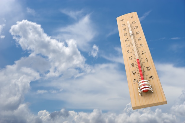 Photo thermometer against sky as a concept of ambient temperature. 3d rendering