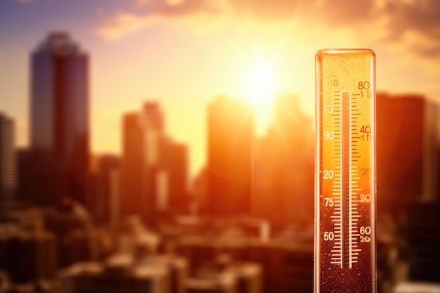 Termometro sullo sfondo della città e il sole che tramonta termometro con alta temperatura sulla città con lo sfondo del sole incandescente ai generato