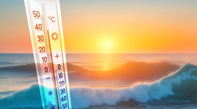 The thermometer on the background of the sea at sunset shows 40 degrees