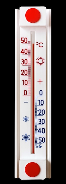 黒の孤立した背景の温度計は、プラス50度の熱を示しています_