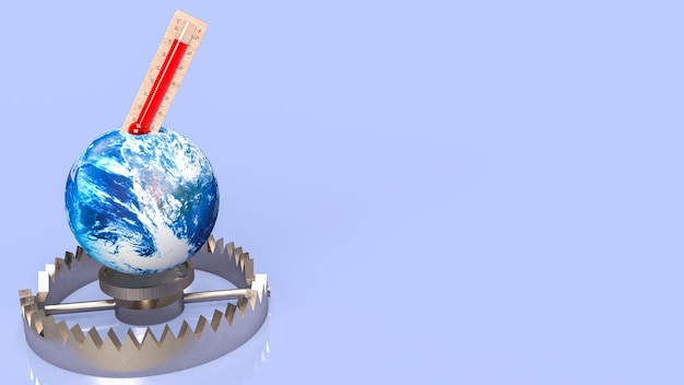 The thermometer and earth on bear trap for eco or Climate change concept 3d rendering