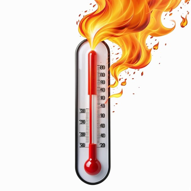 Photo thermometer on fire on white background