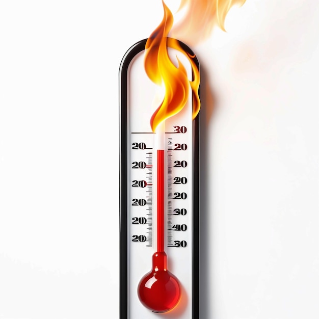 Photo thermometer on fire on white background