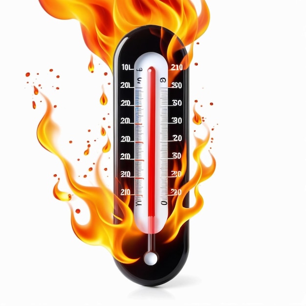 Photo thermometer on fire on white background