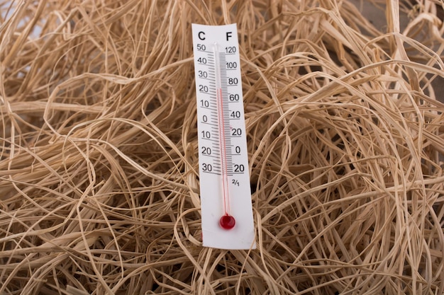 Thermometer geplaatst op een bruine stroachtergrond