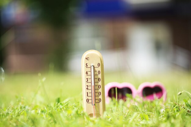 Photo thermometer on grass closeup