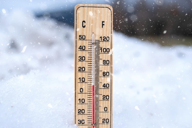 Thermometer in de sneeuw Winterthermometer Lage temperaturen in celsius of fahrenheit