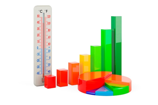 Thermometer met groei balk grafiek en pie chart 3D rendering geïsoleerd op witte achtergrond