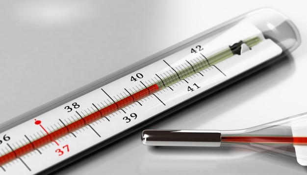 Thermometer over grijze achtergrond. Afbeelding ter illustratie van koorts of hoge temperatuur.