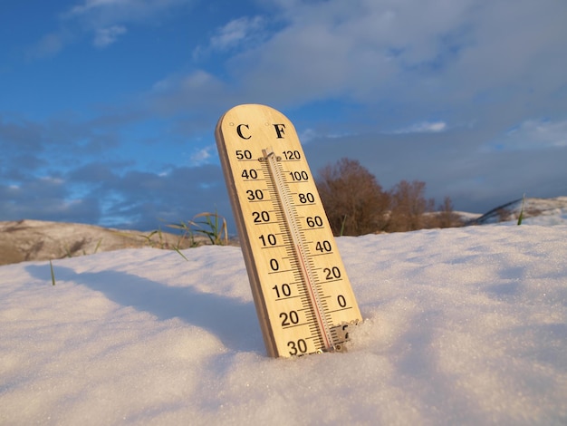 A thermometer in the snow is covered in snow.