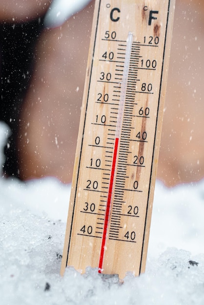 Thermometer in the snow Winter thermometer Low temperatures in celsius or fahrenheit