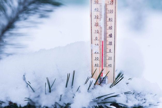 Thermometer on snow with low temperatures in celsius or fahrenheit in winter.