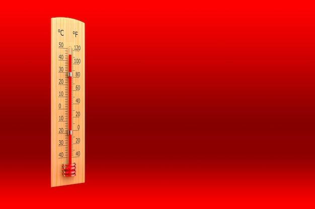Thermometer tegen rode achtergrond als een concept van omgevingstemperatuur. 3d-rendering