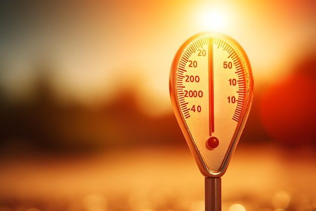 Photo thermometer with low temperature on blurred sunset background copy space