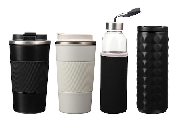 Photo thermos collection top view isolated background thermoses in different colors and shapes coffee and tea thermos