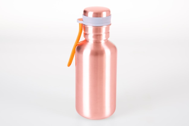 Thermos flask thermal pink stainless steel bottle mockup on grey background