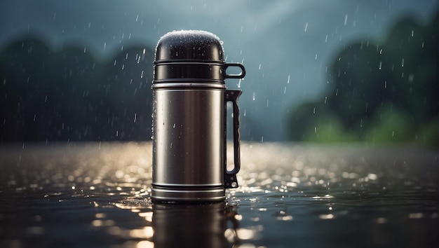 写真 雨の背景で水の上にあるサーモス