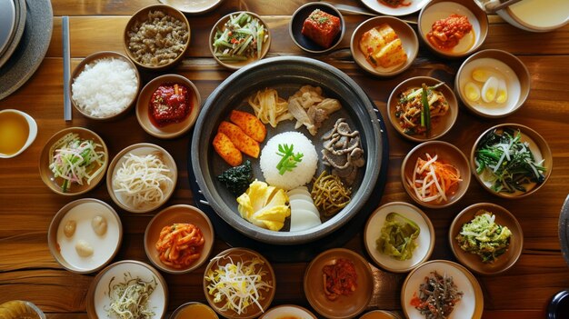 Foto questi sono contorno mangiati con riso coreano generative ai