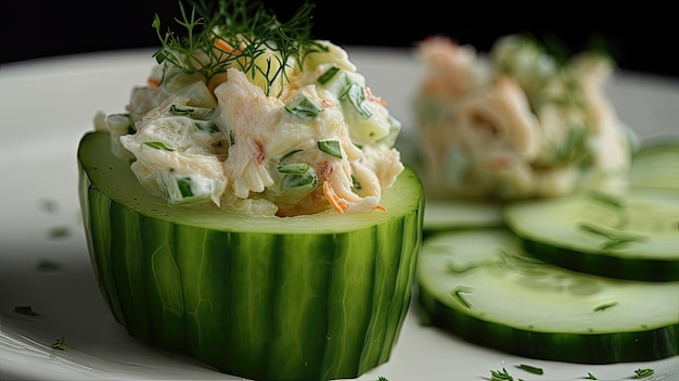 These crispy cucumber cups filled with chilled crab or shrimp salad are a perfect summer treat that's both delicious and healthy Generated by AI