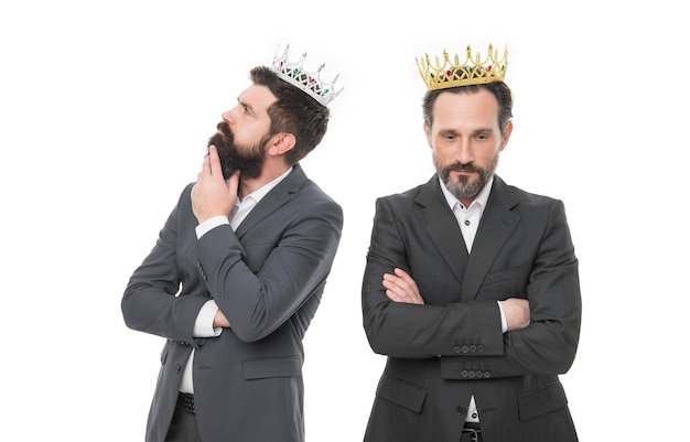 Photo they are both winners prize winners isolated on white successful businessmen wear crowns business success winners reward winners victory and triumph pride and glory welldeserved honour